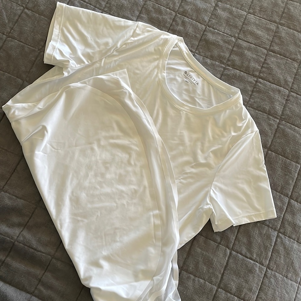 Athleta white tee with sheer hemline